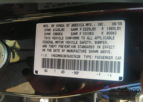 2007 Honda Accord 2.4 Se from USA, damaged, VIN 1HGCM56387A007428